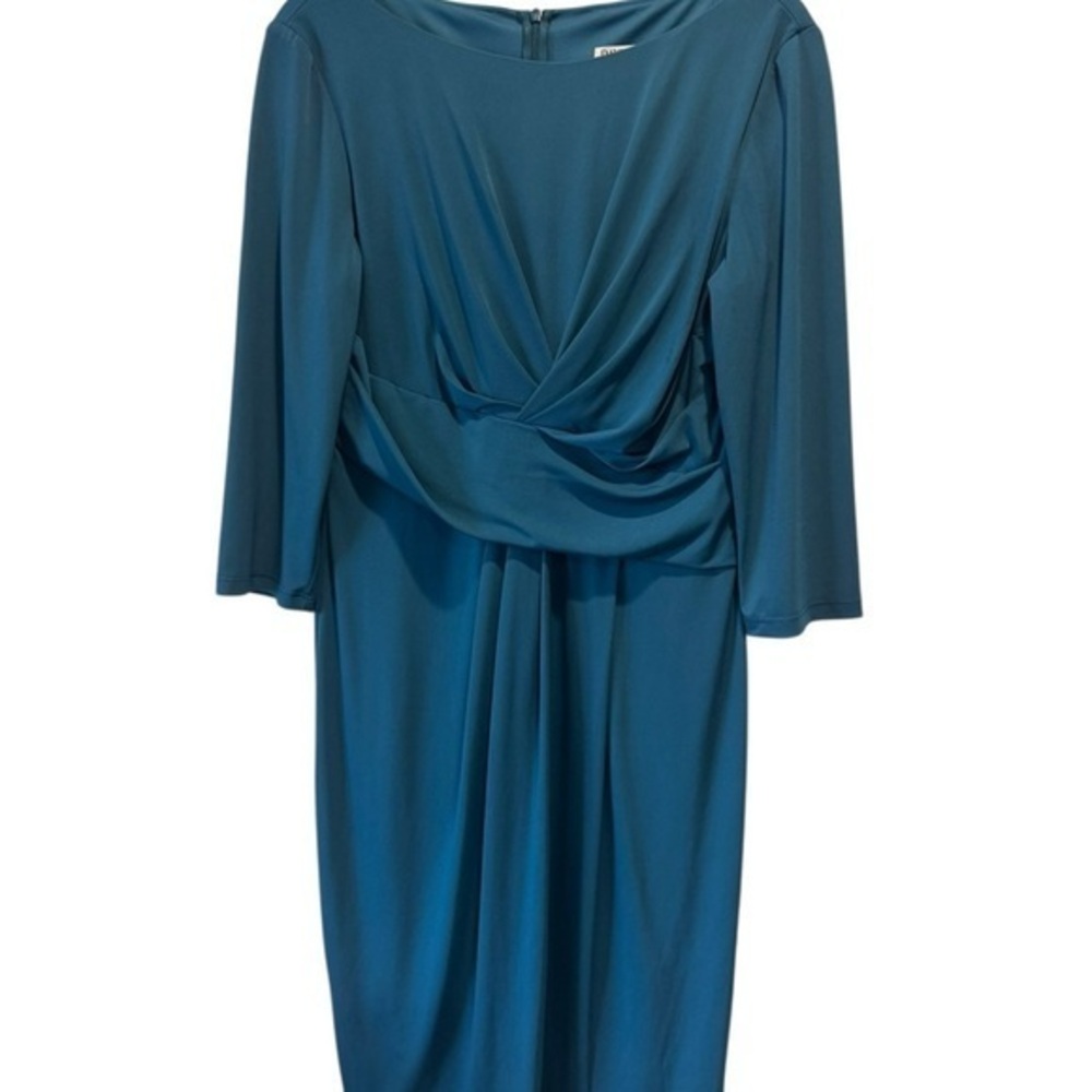 David Meister Green and Blue Ruched Sheath Dress